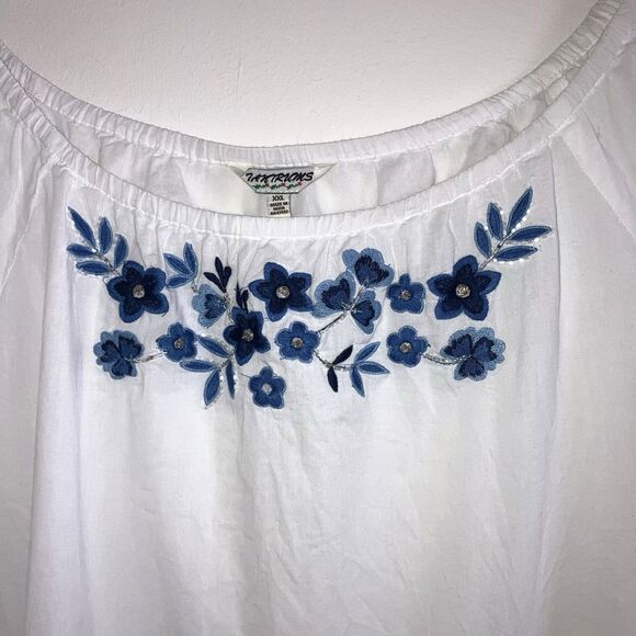 TANTRUMS XXL 1X White 100% Cotton Blue Embroidered Peasant Top 3/4 Puff Sleeve - Picture 3 of 6